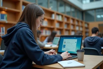 Étudiante utilisant l'extranet PSB sur son ordinateur portable dans une bibliothèque universitaire moderne