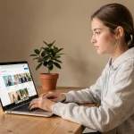 Étudiante utilisant la plateforme Mischool MD sur un ordinateur portable dans un bureau à domicile