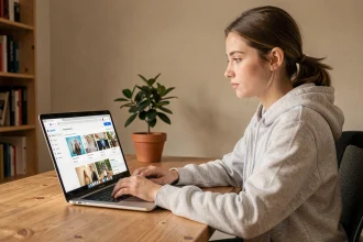 Étudiante utilisant la plateforme Mischool MD sur un ordinateur portable dans un bureau à domicile