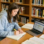 Étudiante en première année qui révise ses cours avec des notes manuscrites et un plan d'études affiché sur son ordinateur portable dans une bibliothèque universitaire