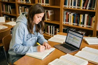 Étudiante en première année qui révise ses cours avec des notes manuscrites et un plan d'études affiché sur son ordinateur portable dans une bibliothèque universitaire