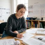 Étudiante en prépa animation dessinant des poses de personnages sur une table de travail dans un studio d'école d'art