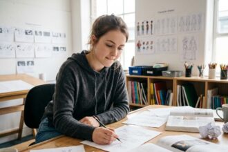 Étudiante en prépa animation dessinant des poses de personnages sur une table de travail dans un studio d'école d'art