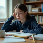 Étudiante en prépa BCPST concentrée sur ses révisions à son bureau couvert de manuels de biologie et de fiches colorées