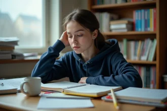 Étudiante en prépa BCPST concentrée sur ses révisions à son bureau couvert de manuels de biologie et de fiches colorées