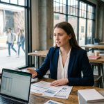 Étudiante en Programme Grande École travaillant sur son laptop dans un espace de coworking universitaire moderne