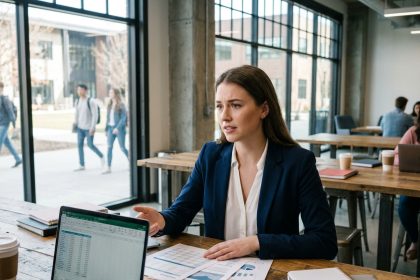 Étudiante en Programme Grande École travaillant sur son laptop dans un espace de coworking universitaire moderne