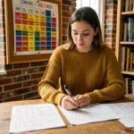 Étudiante révisant un tableau de conjugaison espagnole à son bureau avec des notes manuscrites