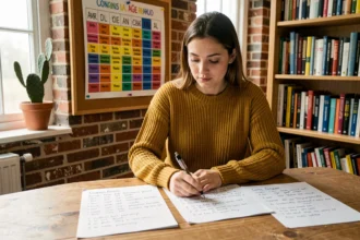 Étudiante révisant un tableau de conjugaison espagnole à son bureau avec des notes manuscrites