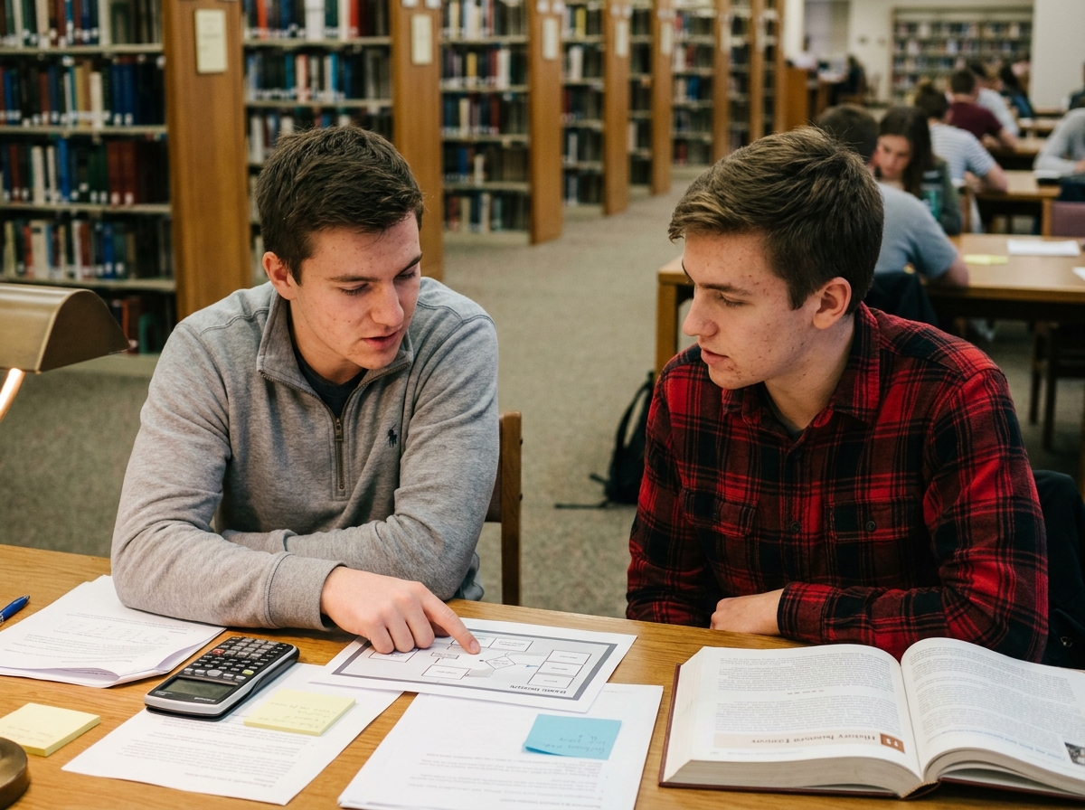 Deux étudiants en formation jeu vidéo révisant ensemble à la bibliothèque avec des manuels scolaires