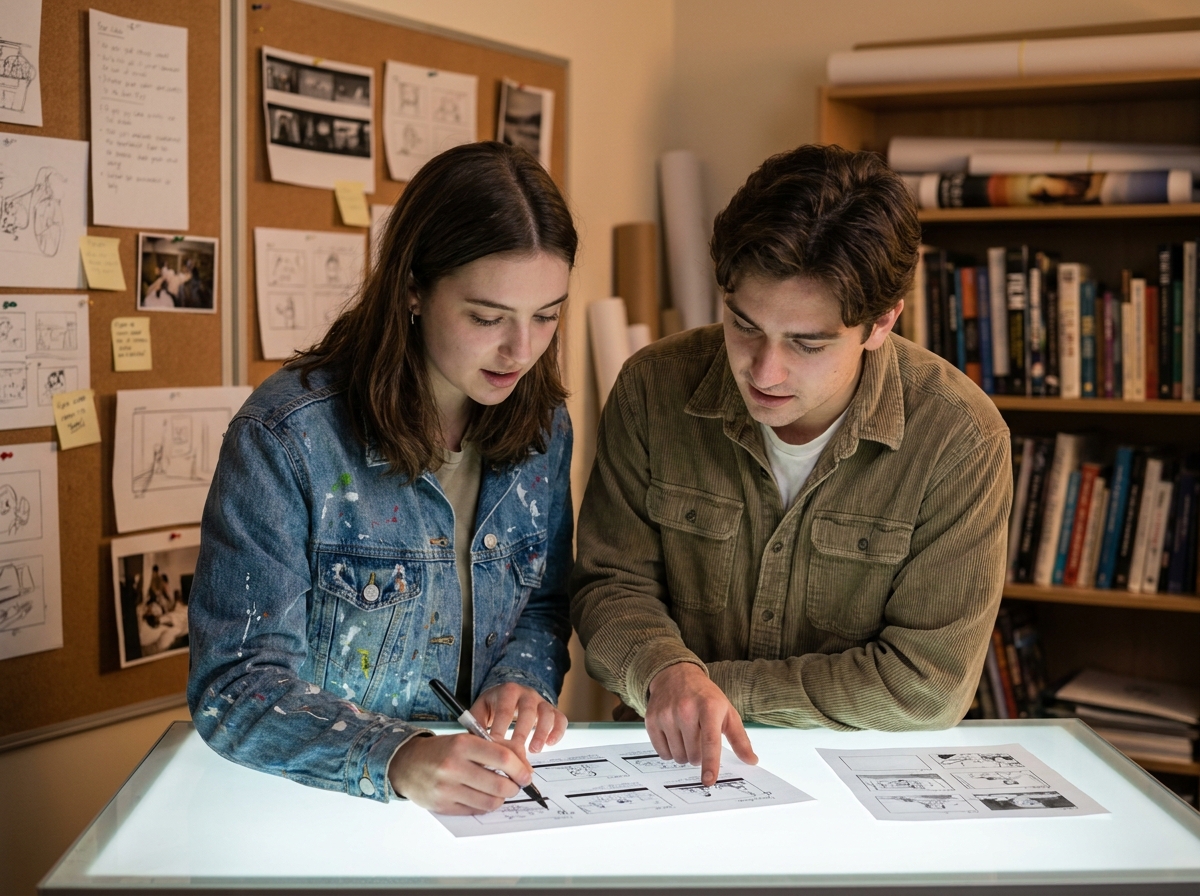 Deux étudiants en prépa animation collaborant sur des planches de storyboard sur une table lumineuse dans une école d'art