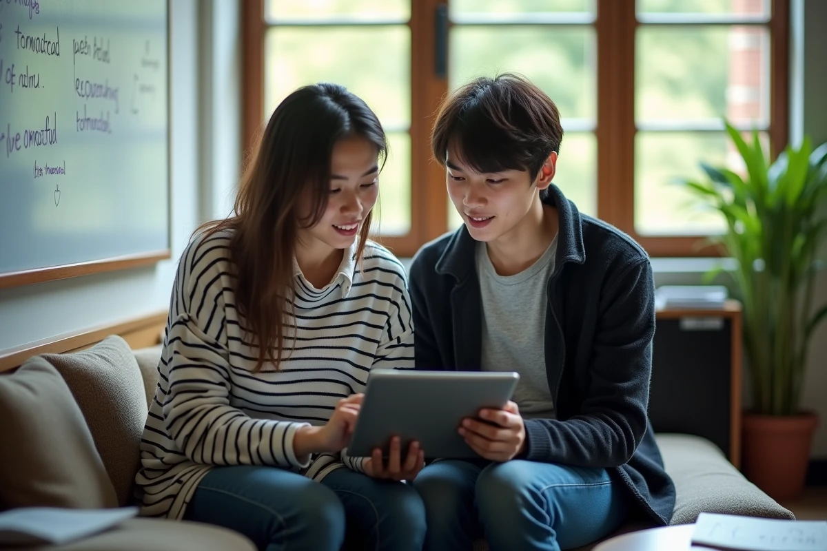 Deux étudiants consultant ensemble une plateforme e-learning PSBLearn sur une tablette dans une salle d'étude universitaire