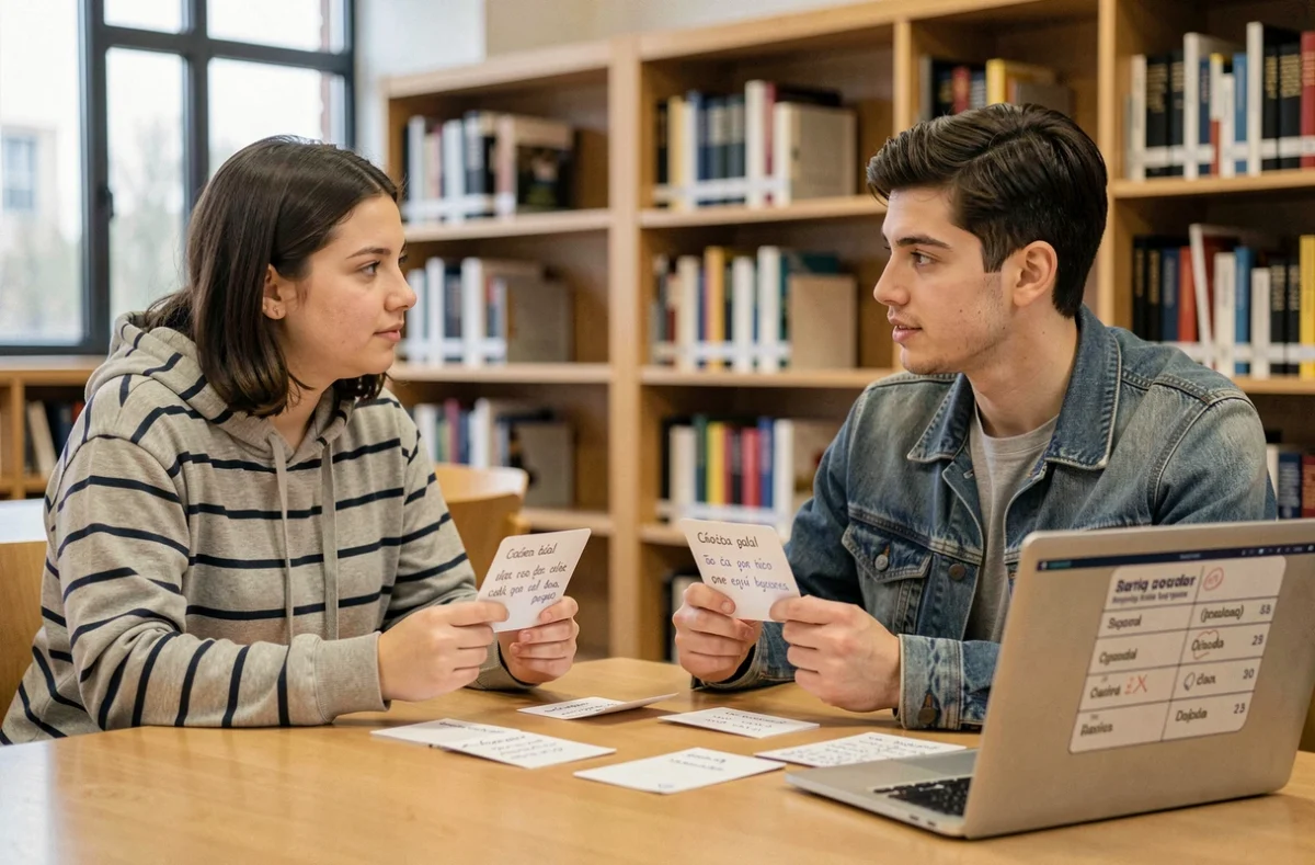 Deux étudiants universitaires révisant ensemble les verbes espagnols et les accords du participe passé avec des fiches dans une bibliothèque
