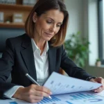 Femme d'affaires examine des rapports financiers dans un bureau