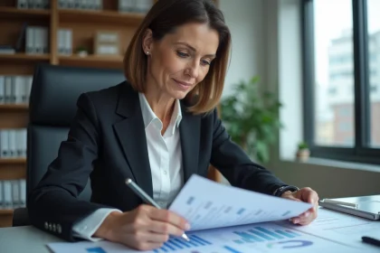 Femme d'affaires examine des rapports financiers dans un bureau