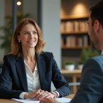 Femme en costume d'affaires écoute attentivement un collègue