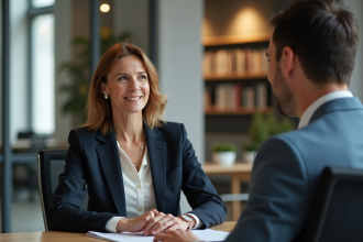 Femme en costume d'affaires écoute attentivement un collègue