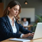 Femme professionnelle analysant les tarifs d'un abonnement email marketing sur son ordinateur portable au bureau