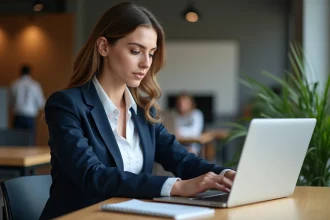 Femme professionnelle analysant les tarifs d'un abonnement email marketing sur son ordinateur portable au bureau