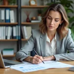 Femme analysant les prix détaillés d'une formation professionnelle à son bureau à domicile