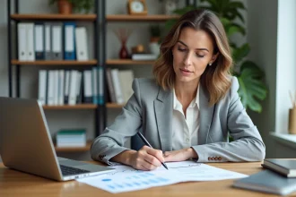 Femme analysant les prix détaillés d'une formation professionnelle à son bureau à domicile