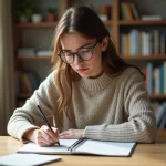Jeune femme studieuse en train d'étudier l'allemand chez elle