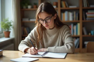 Jeune femme studieuse en train d'étudier l'allemand chez elle