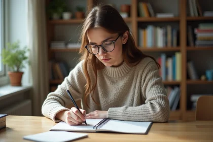 Jeune femme studieuse en train d'étudier l'allemand chez elle
