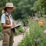 Femme botaniste examinant une plante en jardin botanique