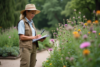 Femme botaniste examinant une plante en jardin botanique