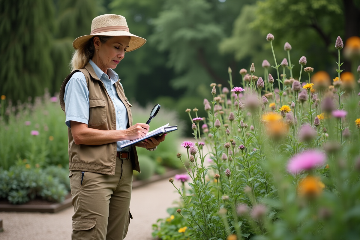 Femme botaniste examinant une plante en jardin botanique