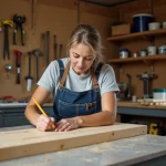 Femme apprenant le bricolage en mesurant une planche en bois dans un atelier maison organisé