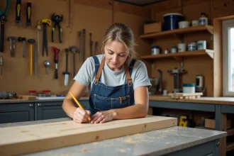 Femme apprenant le bricolage en mesurant une planche en bois dans un atelier maison organisé