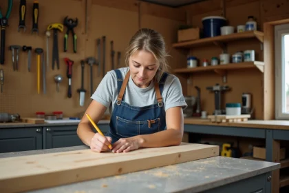 Femme apprenant le bricolage en mesurant une planche en bois dans un atelier maison organisé