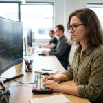 Jeune femme en bureau moderne travaillant sur son ordinateur