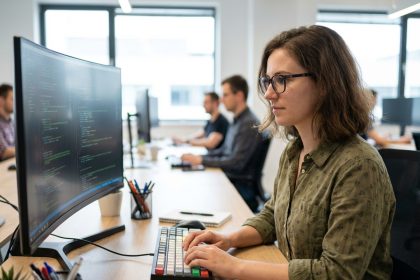 Jeune femme en bureau moderne travaillant sur son ordinateur