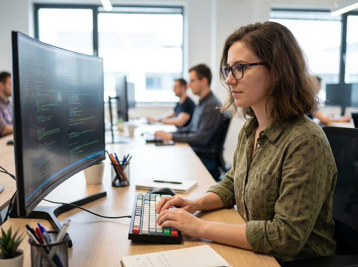 Jeune femme en bureau moderne travaillant sur son ordinateur