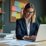 Femme daffaires en bureau moderne avec documents financiers