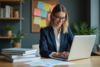 Femme daffaires en bureau moderne avec documents financiers