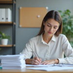 Femme au bureau remplissant des formulaires sur un ordinateur