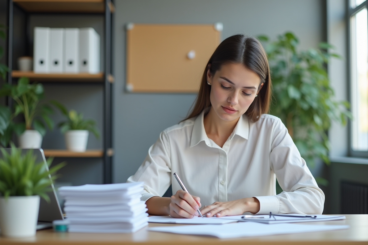 Femme au bureau remplissant des formulaires sur un ordinateur