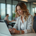 Femme en bureau moderne utilisant un ordinateur portable