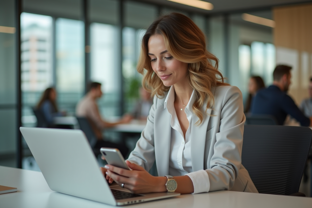 Femme en bureau moderne utilisant un ordinateur portable