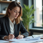 Femme d'affaires dans un bureau lisant des documents