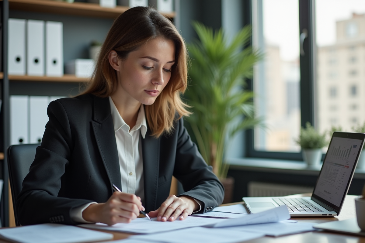 Femme d'affaires dans un bureau lisant des documents