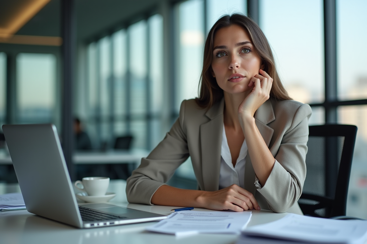Femme en bureau moderne en pleine concentration