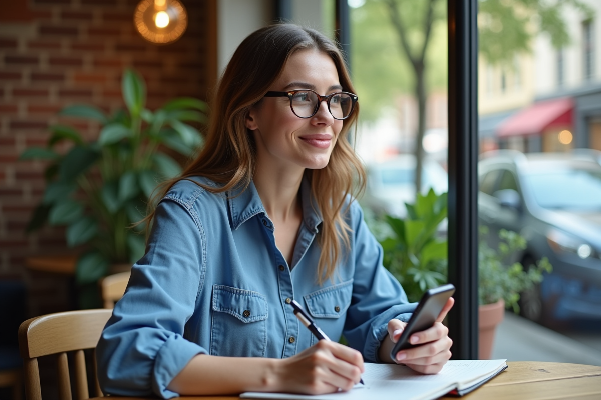 Jeune femme au café prenant des notes avec son smartphone
