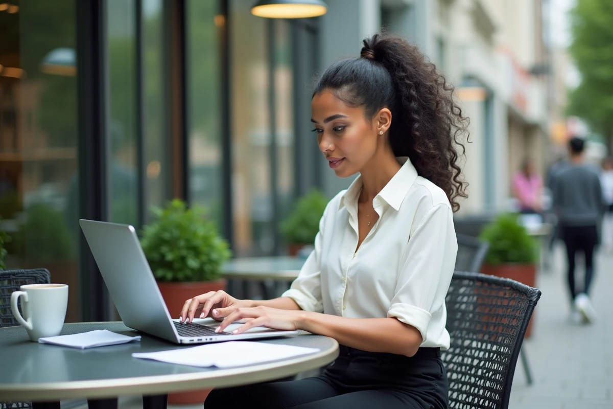 Femme détendue travaillant sur son ordinateur dans un café urbain