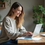 Jeune femme assise à une table de cuisine avec ordinateur portable