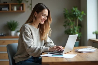 Jeune femme assise à une table de cuisine avec ordinateur portable